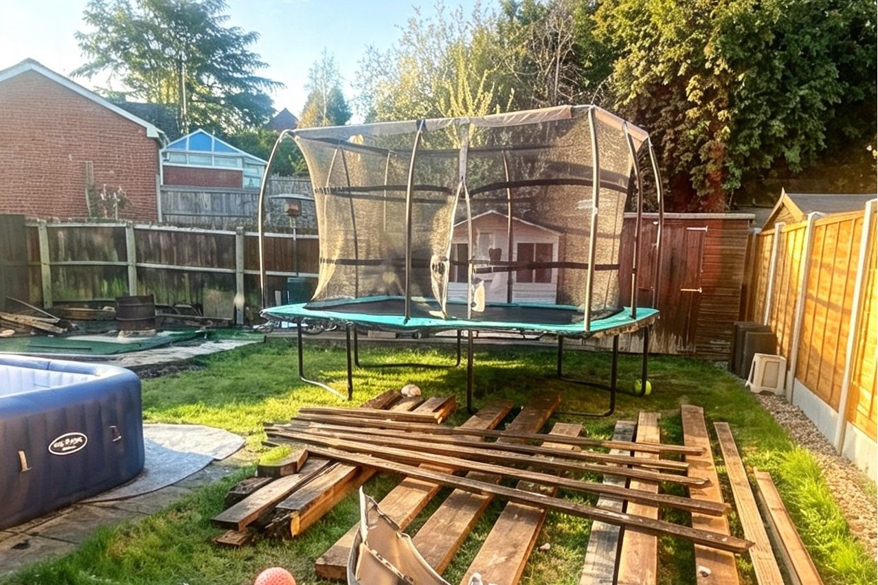 Rear garden before landscaping, with worn grass, stacked timber and weathered fence panels
