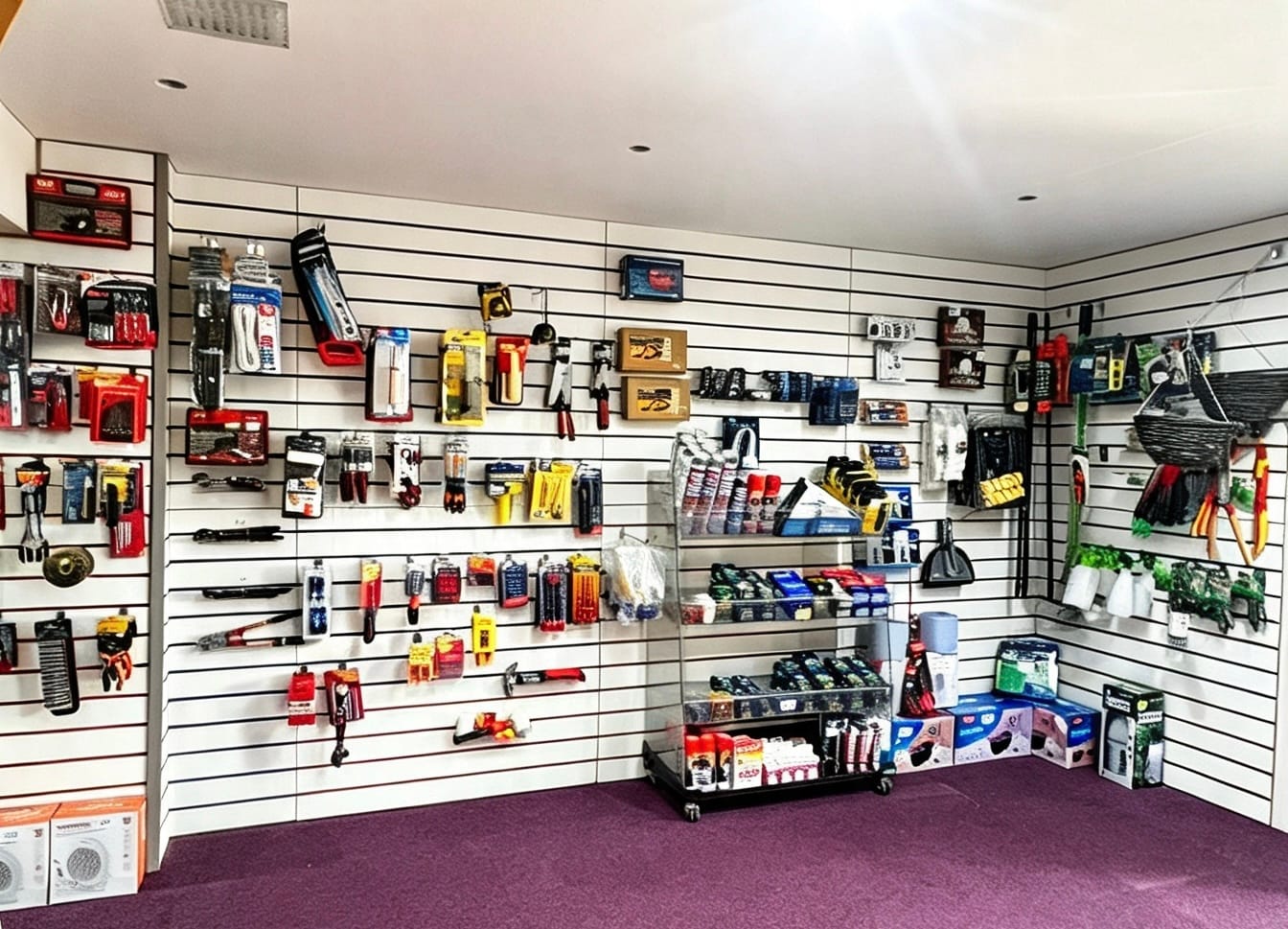 The DIY wall in the AGG Renovations shop: hand tools, fixings, adhesives, sealants, brushes, gloves and safety kit hung across white slatwall, with a stocked trolley in front