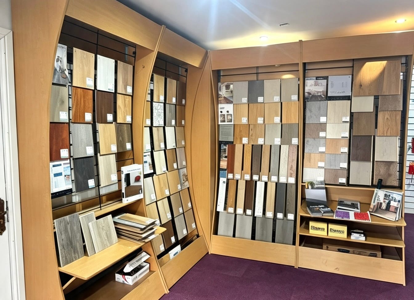 Flooring sample displays in the AGG Renovations showroom: curved birch stands hung with wood-effect, stone and marble-effect boards, with loose sample tiles stacked on the shelves below